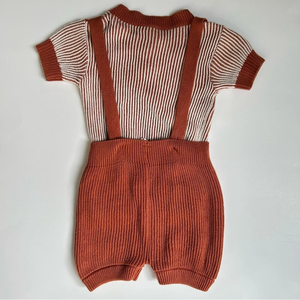 Tun Tun Baby Boy Brown Knit Ribbed Suspender Short Set, Size 12-18  Months